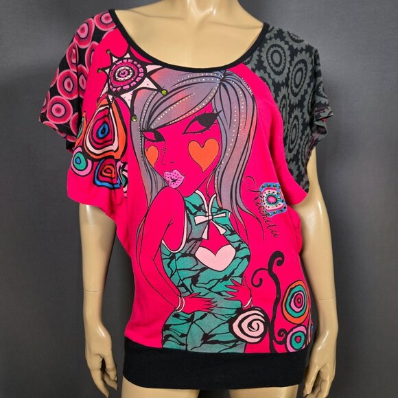 Y2K Graphic Top Size M Colorful Funky Emo Scene Gyaru Indie Mcbling Girl Print - Picture 1 of 7
